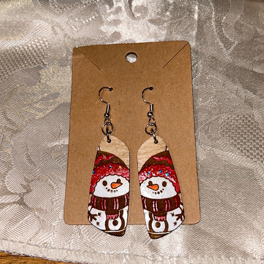 Handmade Wooden Snowman Christmas Dangle Earrings Hand Painted Winter Holiday - Picture 3 of 8